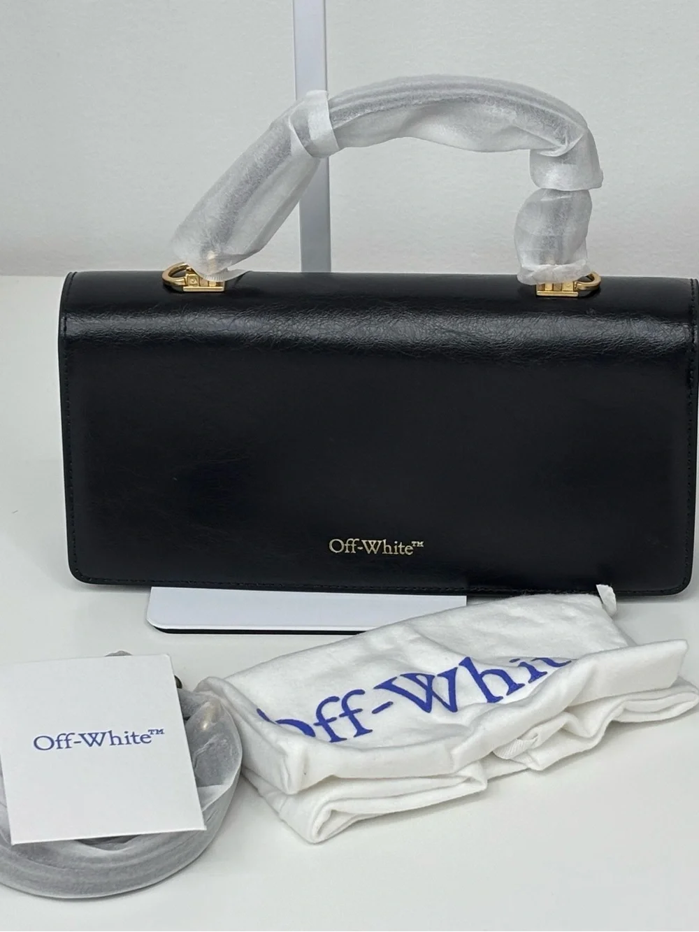 Off-White Black Satchel with Gold Hardware and Top Handle/crossbody